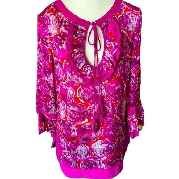 Tory Burch Sz 4 Gwenna Deep Pink Floral Keyhole Oval Ruffled front Tie front - Picture 2 of 14